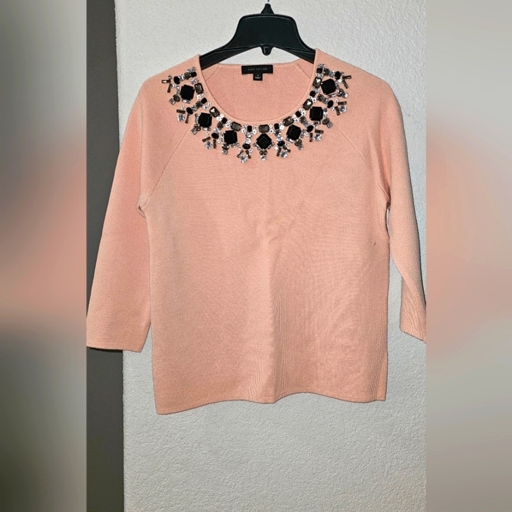 ANN TAYLOR EMBELLISHED 3/4 SLEEVE SWEATER Blush